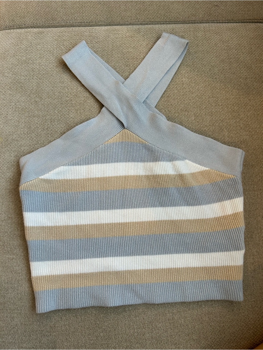 House of Harlow 1960 Striped Ribbed Halter Crop Top in Light Blue, Cream & Tan